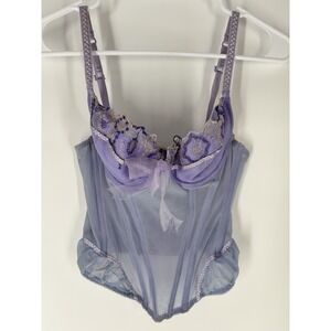 Y2K Lavender Lace Fairy Basque Waist Bustier Corset Sz 34B Sheer Mesh Romantic